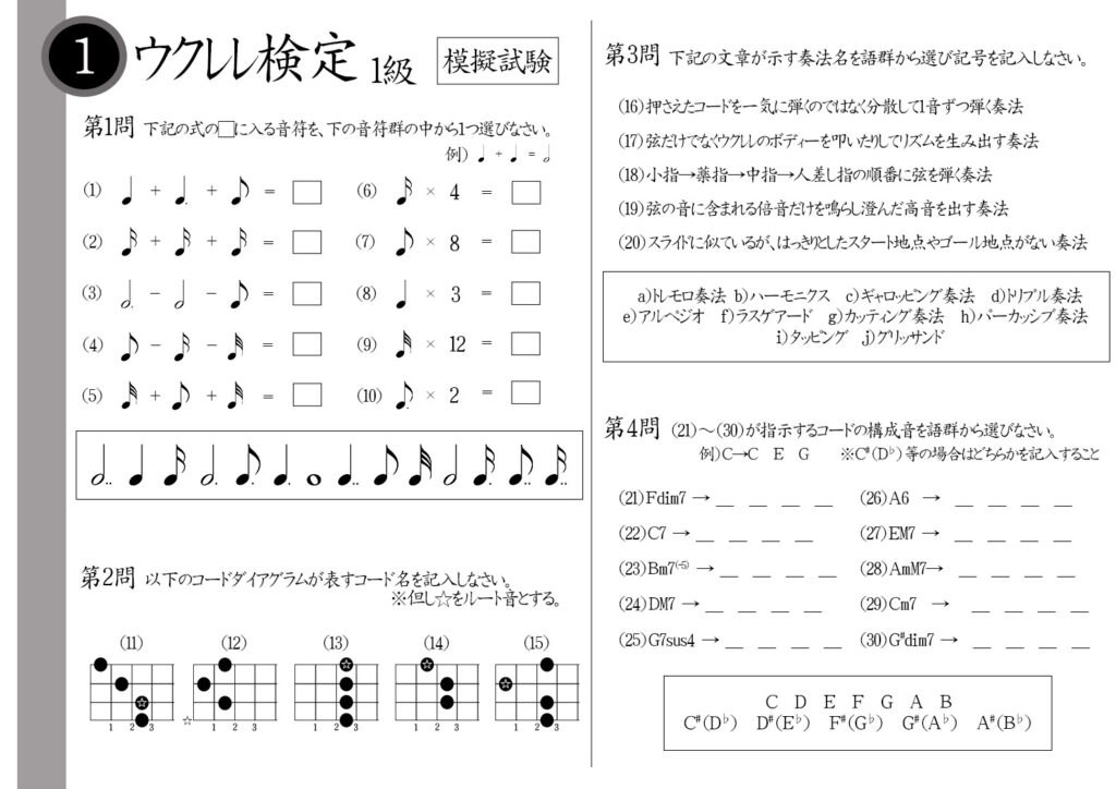 【解説】ウクレレ検定1級（エキスパート）模擬試験/日本音楽能力検定協会※8分音符×8＝？ウクレレのボディーを叩く奏法名は？アルペジオとはどんな奏法？Cm7コードの構成音は？