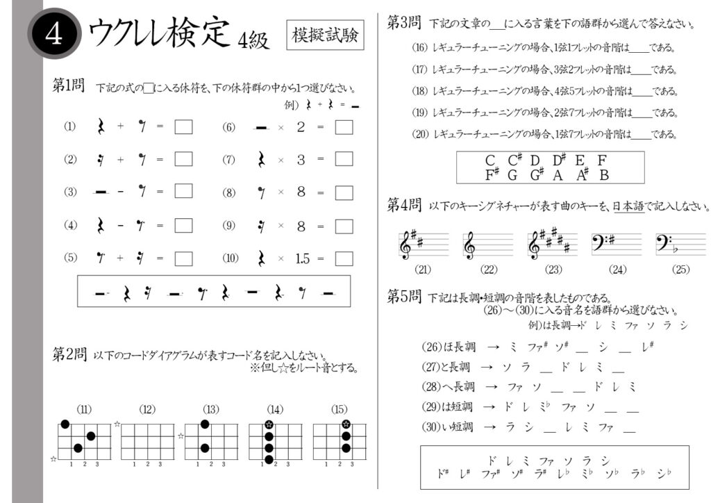 【解説】ウクレレ検定4級（中級者）模擬試験/日本音楽能力検定協会※付点8分休符＋16分休符＝？レギュラーチューニングの場合4弦5フレットの音階は？ファだけに＃が付くキーシグネチャーは？Fメジャースケールの音階は？