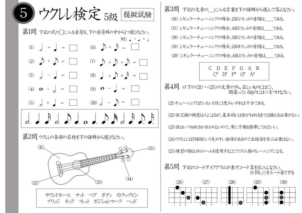 【解説】ウクレレ検定5級（初級者）模擬試験/日本音楽能力検定協会※ボディーにあいた穴の名前は？4弦1フレットの音階は？チューニングは3日に1回で十分？TAB譜があるので五線譜は覚えなくて良い？