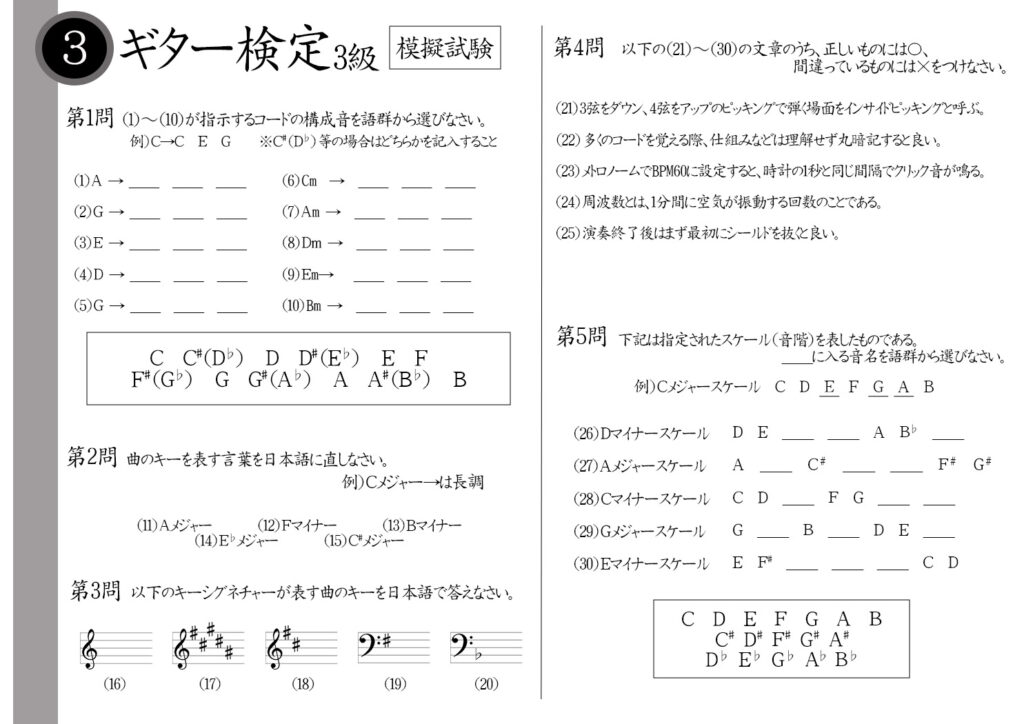 【解説】ギター検定3級（上級者）模擬試験/日本音楽能力検定協会