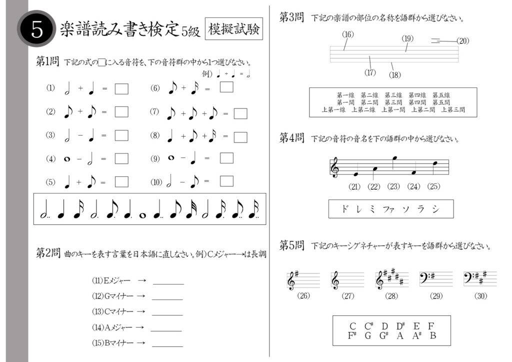 【解説】楽譜読み書き検定5級(初級者)模擬試験/日本音楽能力検定協会